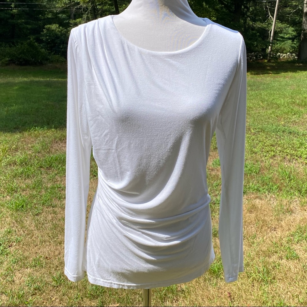 SARA CAMPBELL TOP TEE WHITE LONG SLEEVE RUCHED STRETCH ROUND NECK USA SIZE S